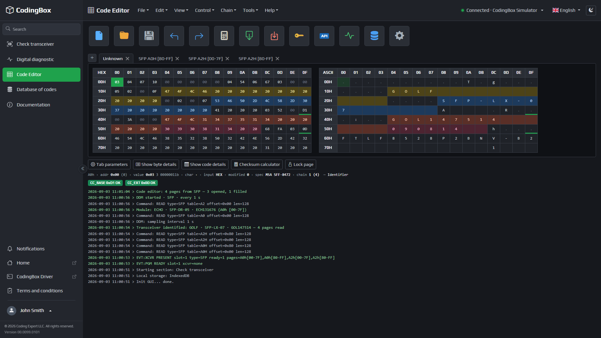 CodingBox window: memory editor, HEX and ASCII grid, QSFP page tabs, checksums and operation log